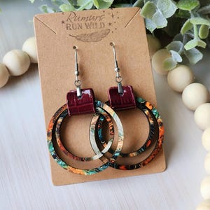 Boho Wood Dangle Earrings: Colorful Agate Pattern, Vegan Leather