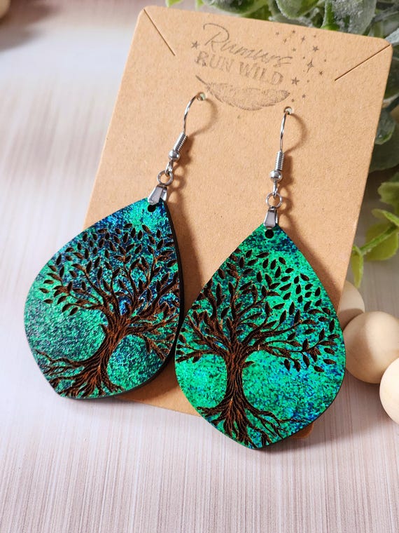 Tree of Life Earrings for Girlfriend, Green Boho Wooden Earrings, Large Statement Earrings for Mom, Bohemian Hippie Earrings