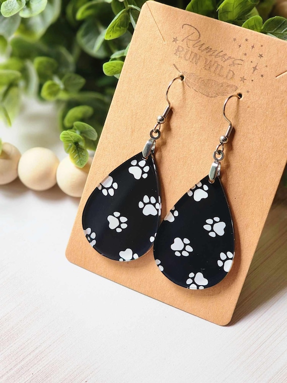 Dog Earrings, Pawprint Earrings for Dog Moms, Black and White Dangle Earrings, Pet Mom Gifts, Lightweight Dog Mom Earrings, Dog Lover Gift