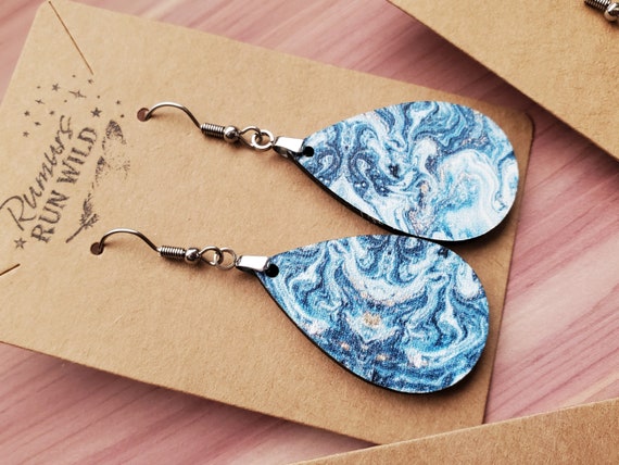 Blue and White Earrings, Lightweight Boho Style Earring, Gold Accent Bohemian Jewlery, Wood Earrings gift for Her, Teardrop Earring, silver