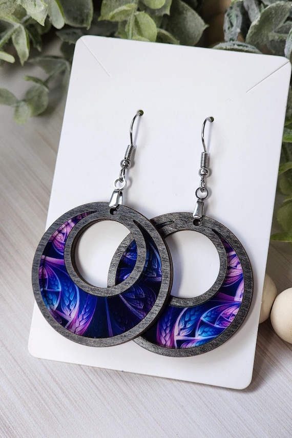 Boho Chic Dangle Earrings for Women, Purple Statement Earrings for Mom, Colorful Stained Glass Jewelry for Her, Unique Lightweight Earrings