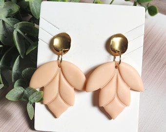 Blush Nude Clay Earrings, Gold Post Dangle Earrings, Lightweight Leaf Earrings, Boho Statement Jewelry, Clearance Earrings
