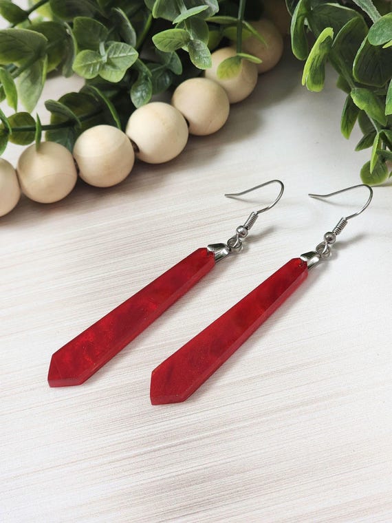 Bright Red Acrylic Dangle Earrings: Lightweight Red Colored Long Dangles with Hypoallergenic Stainless Steel Hooks