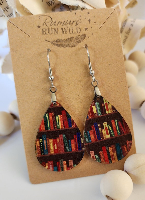 Fun Bookshelf Earrings, simple teardop earrings, with a book design, dangle earrings, Lightweight, gift for her, book lover gifts, cute
