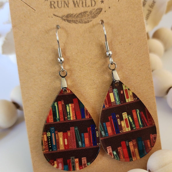 Fun Bookshelf Earrings, simple teardop earrings, with a book design, dangle earrings, Lightweight, gift for her, book lover gifts, cute