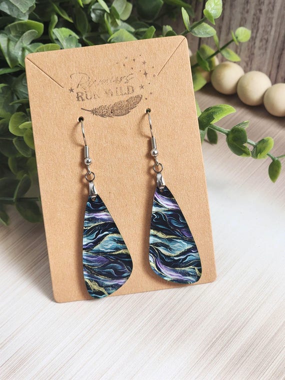 Jade Gold Teardrop Earrings, Green Black Marble Acrylic Dangle Earrings, Lightweight Boho Jewelry, Gift for Her