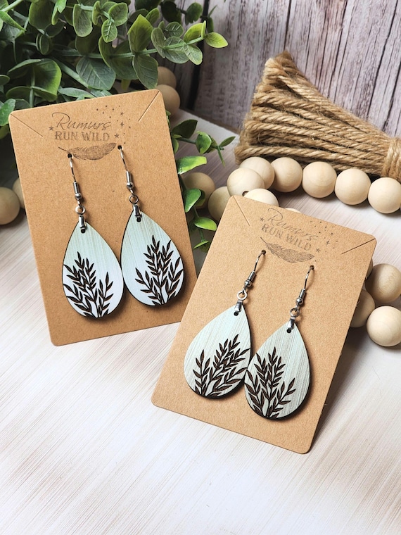 Sage Green Dangle Earrings, Wooden Leaf Earring, Boho Wood Earring for Women, Plant Lover Earring Gift, Unique Lightweight Nature Earrings
