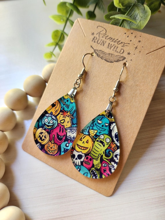 Halloween Earrings for Her, Fun Colorful Monster Earrings, Spooky Dangle Earring, Halloween Gift for Women, Lightweight and Hypoallergenic