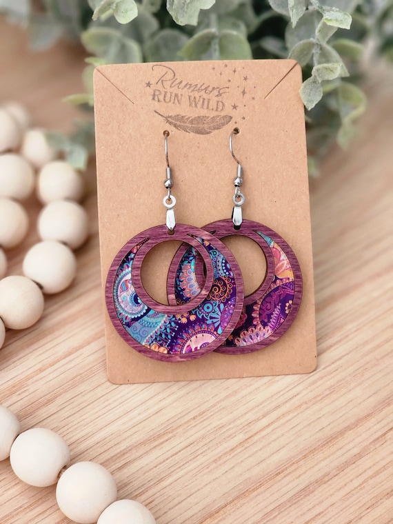 Retro Purple Wood Dangle Earrings, 70s Paisley Earrings, Wooden Boho Earring Nickle Free, Unique Gift for Her, Birthday Gift for Best Friend