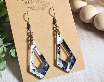 Black White Abstract Earrings, Geometric Acrylic Dangles, Modern Monochrome Statement Earrings, Lightweight Patterned Jewelry