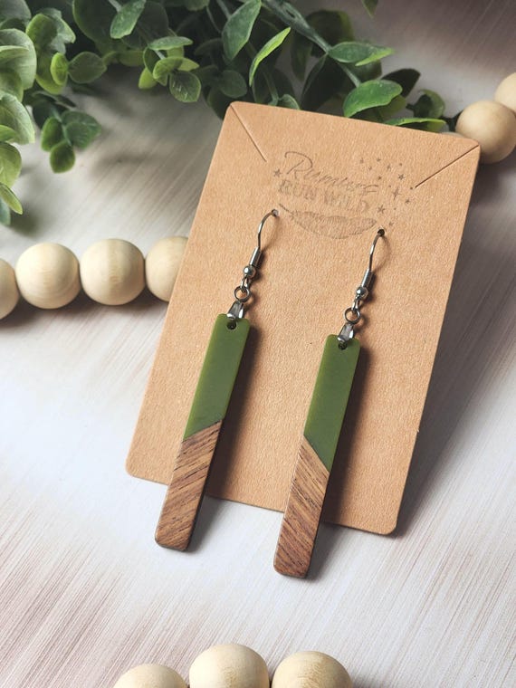 Green Resin Wood Bar Earrings: Lightweight Boho Long Dangle Jewelry for Her, Olive Green Boho Jewelry