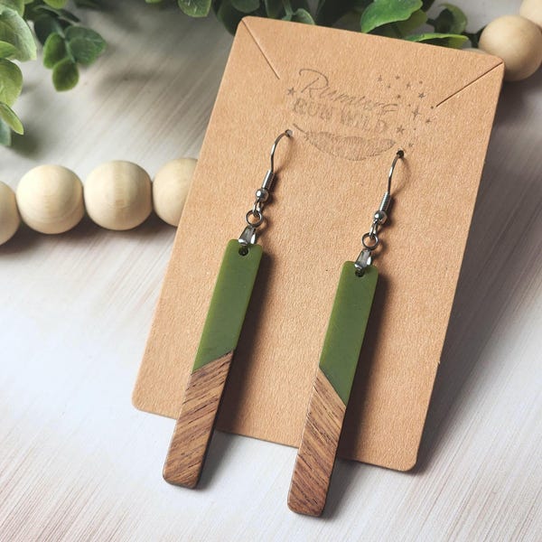 Green Resin Wood Bar Earrings: Lightweight Boho Long Dangle Jewelry for Her, Olive Green Boho Jewelry