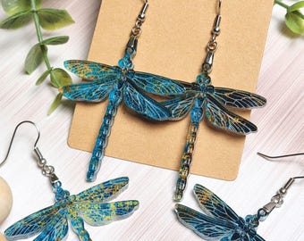 Moody Blue Dragonfly Earrings: Copper Patina Acrylic Insect Earrings for Dragonfly Lover Gift