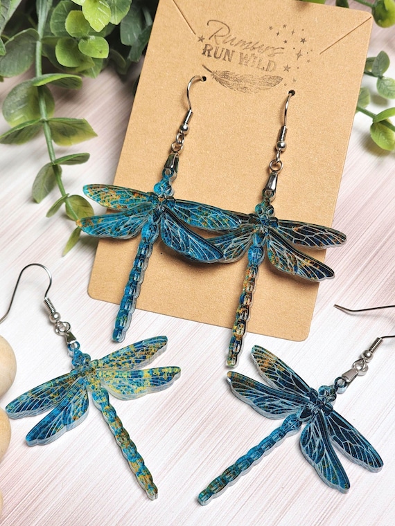Moody Blue Dragonfly Earrings: Copper Patina Acrylic Insect Earrings for Dragonfly Lover Gift