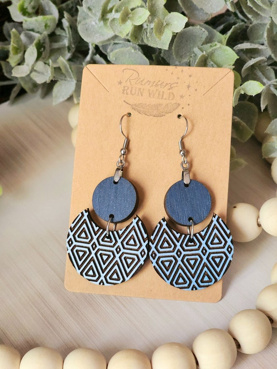 Blue Statement Earrings, Geometric Wood Dangle Earrings for Her, Boho Earrings for Sister, Unique Earrings, Gift for Mom, for Best Friend