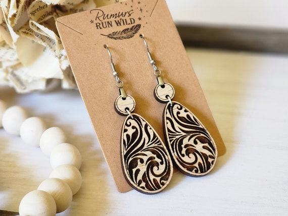 Long Dangle Damask Swirl Boho Earrings, Reverse Engraved Wood Boho Earrings, Hippie Style, Natural Earrings, Gift for Her, Large Teardrop