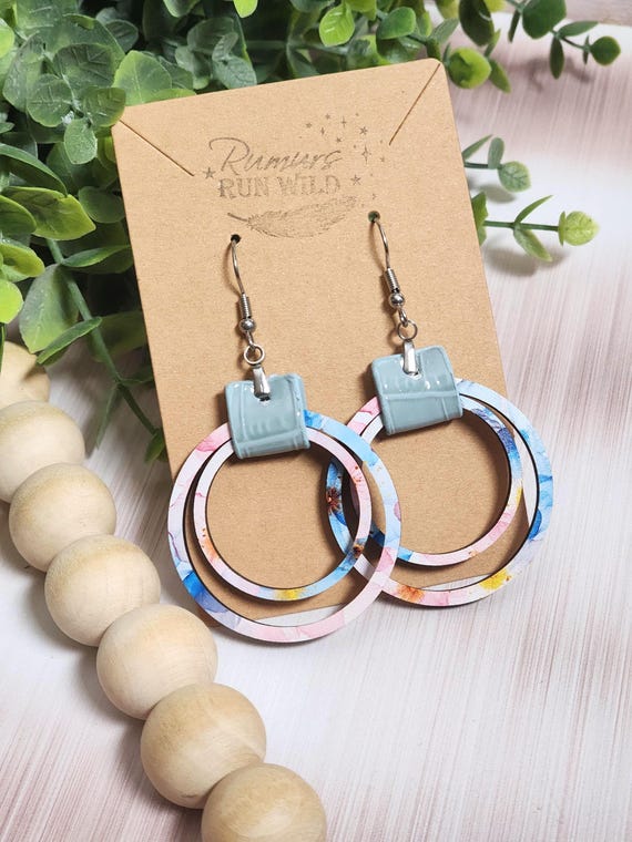 Watercolor Wood Hoop Earrings, Blue Pink Abstract Dangles, Baby Blue Faux Leather Earrings, Lightweight Colorful Statement Jewelry
