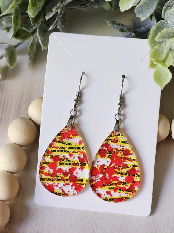 Halloween Earrings for Her, Spooky Blood Splatter Earrings with Caution Tape, Halloween Lover Earring, Creepy Earrings, Crime Scene Earrings