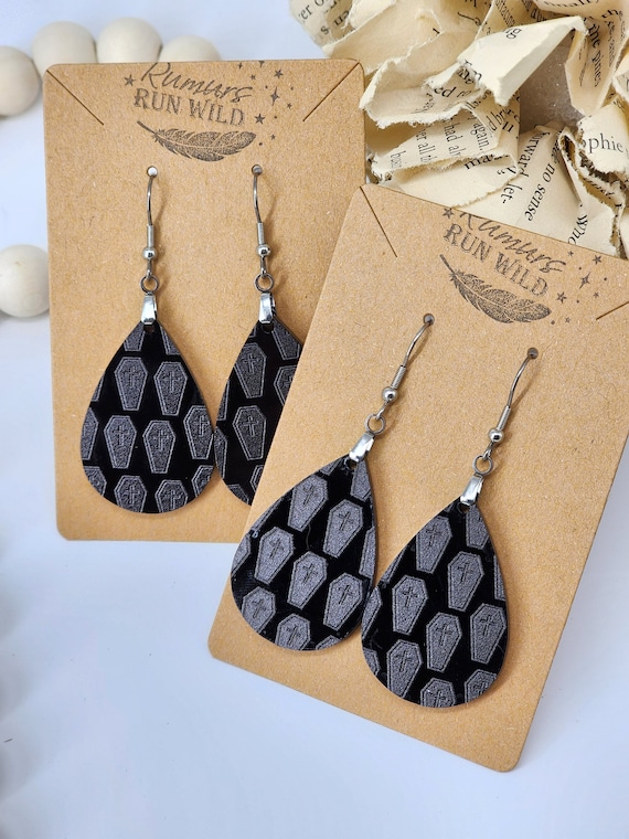 Spooky Halloween Earrings, Coffin, Halloween Jewelry, Creepy Earrings, Coffin Earrings, Teardrop Earrings, Costume Jewelry, Smoke and Mirror