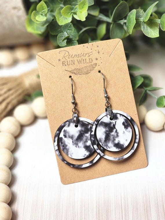Boho Wood Dangle Earrings: Black and White Circle, Nickel-Free