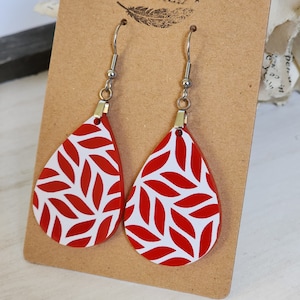 Red and White Leaf Teardrop Earrings: Lightweight Acrylic Dangle