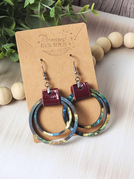 Boho Wood Hoop Earrings for Her, Blue  and Green Wood and Faux Leather Statement Earrings, Handmade Hippie Earrings, Colorful Gypsy Earrings