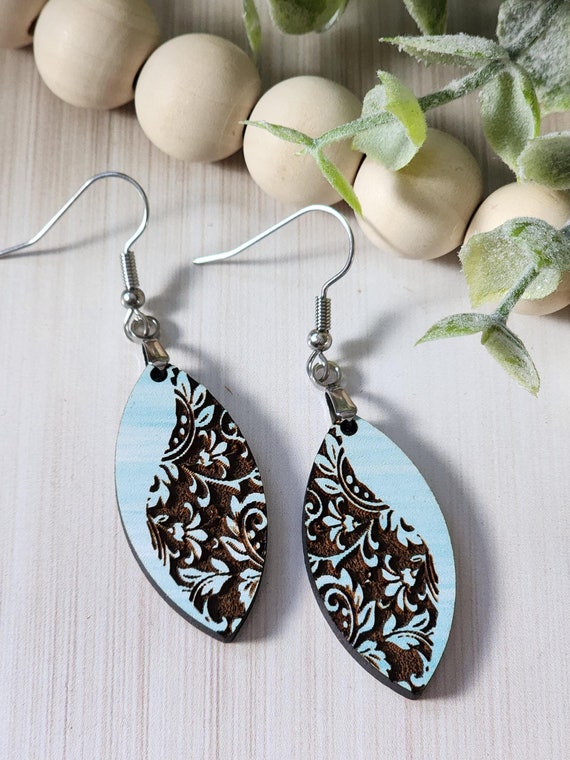 Dainty Blue Boho Earrings for Mom, Wood Dangle Earrings with Unique Damask Engrave, Nickel Free Earrings for Sensitive Ears