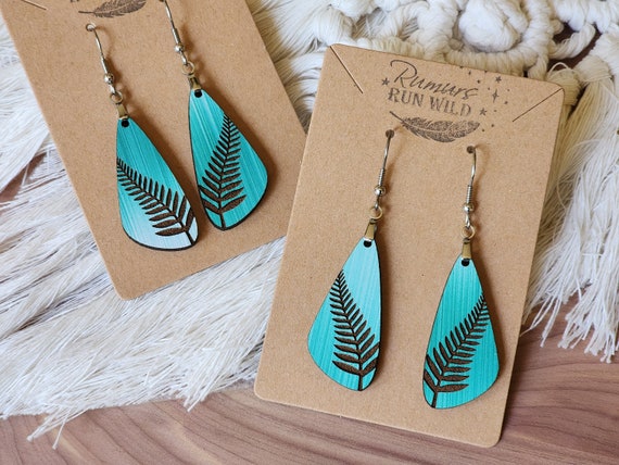 Engraved Leaf Earrings, Boho Wood Dangle Earrings, Gift for Her, Lightweight Plant Earrings, Cute Wood Earring, Boho Jewelry, Hypoallergenic