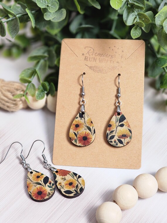 Dainty Sunflower Earrings, Small Teardrop Floral Earrings, Lightweight Everyday Earrings, Rustic Boho Jewelry, Teacher Gift for Her