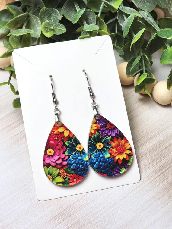 Bright Floral Teardrop Earrings, Lightweight Flower Jewelry for Mom, Cute Birthday Gift for Girlfriend