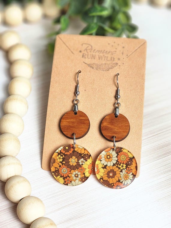 Retro 70s Dangle Earrings: 70s Floral Earrings with Browns and Oranges, Lightweight and Nickel Free Boho Jewelry for Mom
