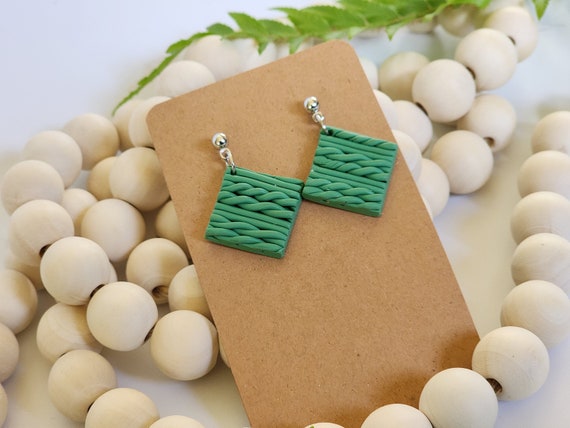 Woven Clay Square Earrings in Mint Green, fun earrings for her, Lightweight boho style earrings, diamond in shape, small dangle earrings