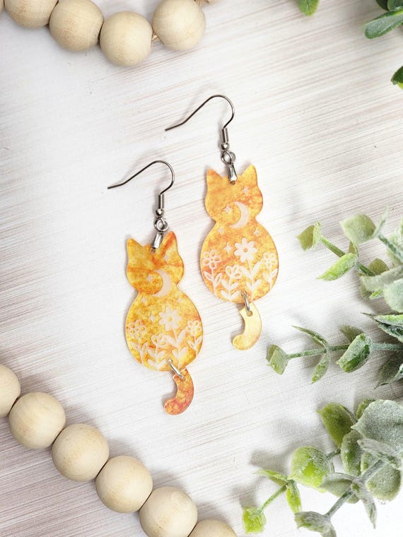 Celestial Cat Earrings, Moon Flower Cat Jewelry, Boho Cat Lover Gift, Cute Kitty Dangles, Lightweight Acrylic Earrings, Witchy Cat Gift