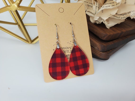 Adorable Buffalo Plaid Teardrop Earrings in Red, Great Gift for Her, Lightweight, Christmas Earrings, Winter Wear, Hypoallergenic, cute, fun