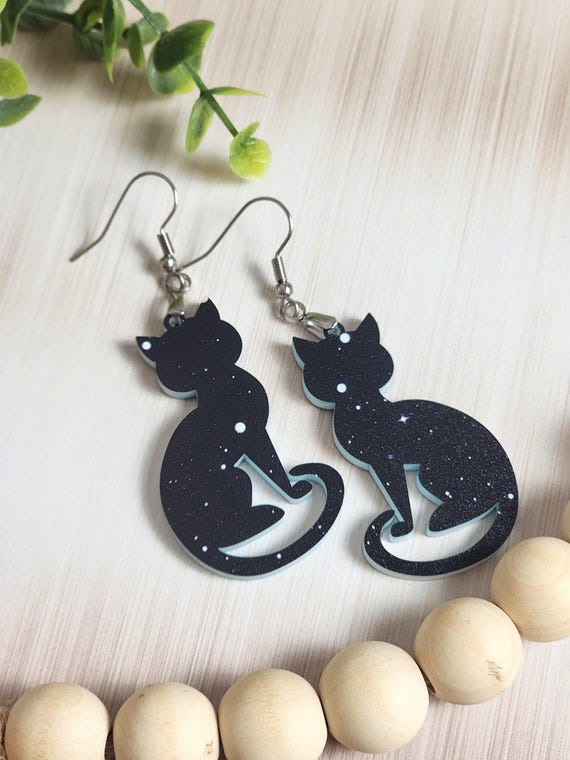 Black Cat Earrings Celestial Star, Witchy Cat Jewelry, Halloween Earrings, Cute Cat Lover Gift, Lightweight Acrylic Dangle Earrings
