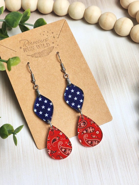 Patriotic Earrings Stars Stripes Teardrop, Red White Blue Earrings, 4th of July Earrings, Americana Jewelry, Small Dangle Earrings