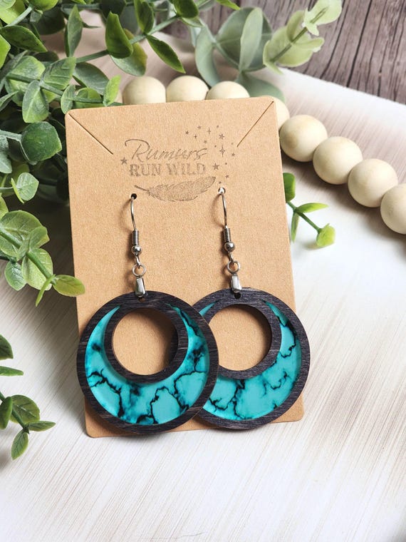 Turquoise Wood Earrings Boho Statement, Western Dangle Earrings, Teal Marble Earrings, Lightweight Large Earrings, Gift for Her