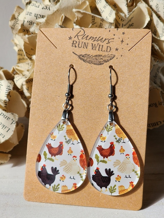 Fun Chicken Earrings, simple teardop earrings, with a chicken pattern design, dangle earrings, Lightweight, gift for her, farmhouse style
