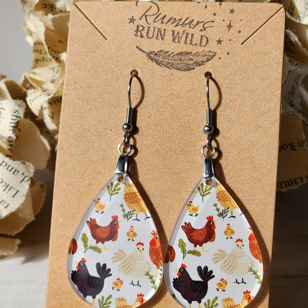 Fun Chicken Earrings, simple teardop earrings, with a chicken pattern design, dangle earrings, Lightweight, gift for her, farmhouse style