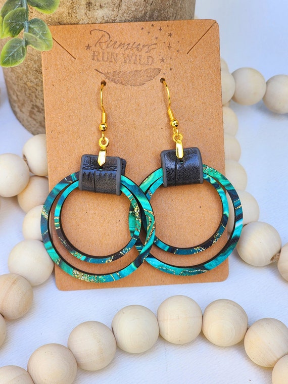Wood Dangle Earrings in Green and Black, Faux Leather, Statement Earring Gift for Her, Handmade Boho Earring for Friend, Nickel Free for Mom