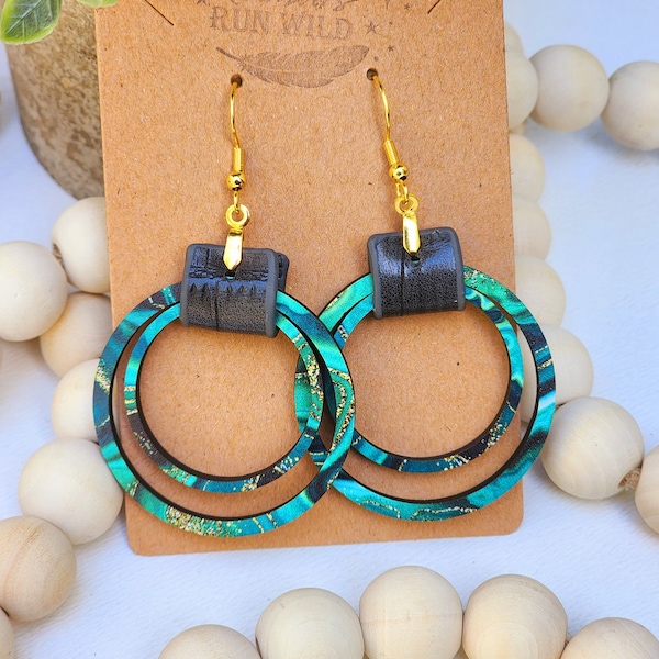 Handmade Green Wood Dangle Earrings: Faux Leather Boho Earrings