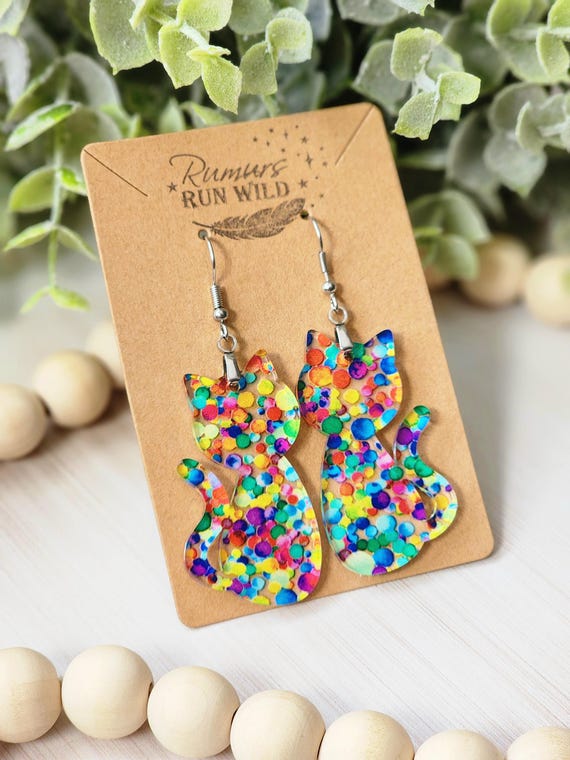 Colorful Cat Earrings for Cat Mom, Rainbow Colored Earrings for Cat Mom Gift, Cat Lover Gift for Mom, Cute Dangle Earring Gift for Cat Lady