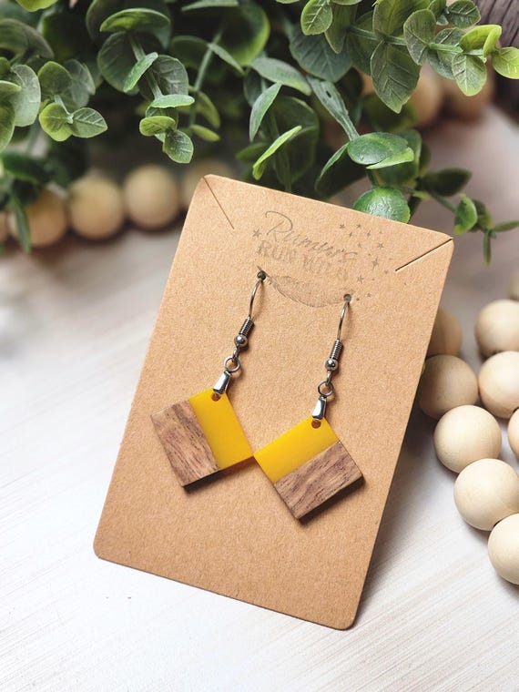 Bright Yellow Resin and Wood Earrings, Handmade Lightweight Dangle Earrings, Fun Dangle Earrings, Small Boho Style Jewelry Gift for Her