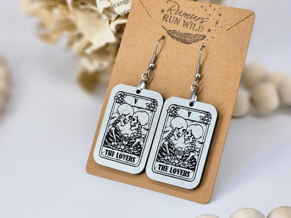 Tarot Card Earrings, The Lovers Jewelry, Tarot Cards Jewelry, Fun Earrings, Skeleton Earrings, Dangle Engraved Earrings, Halloween Earrings