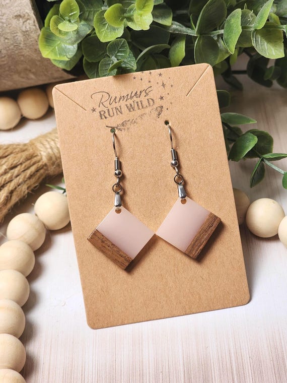 Pink Resin and Wood Boho Earrings, Lightweight Dangle Earrings for Girlfriend, Small Boho Style Jewelry Gift for Her
