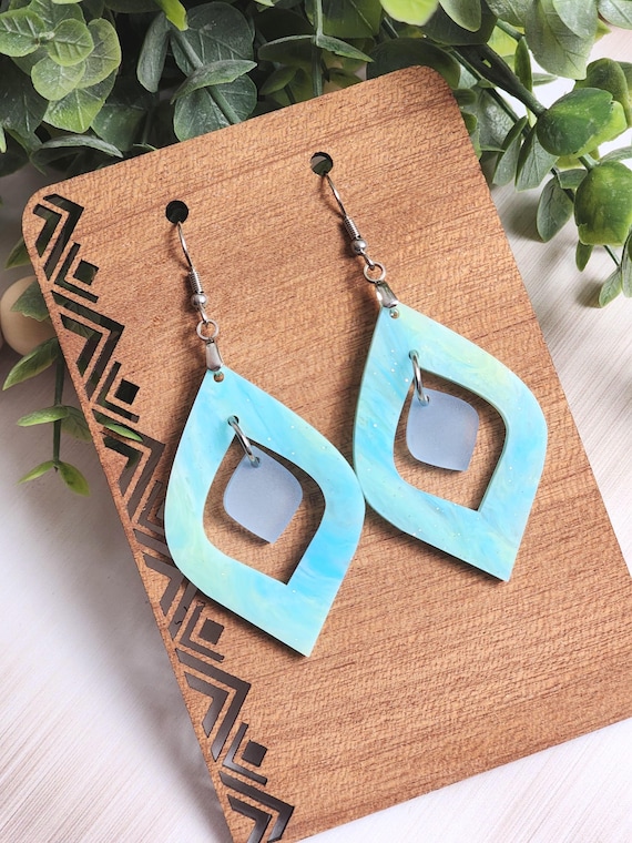 Beach Earrings, Blue Acrylic Statement Earrings, Coastal Teardrop Earrings, Ocean Inspired Jewelry, Lightweight Summer Earrings