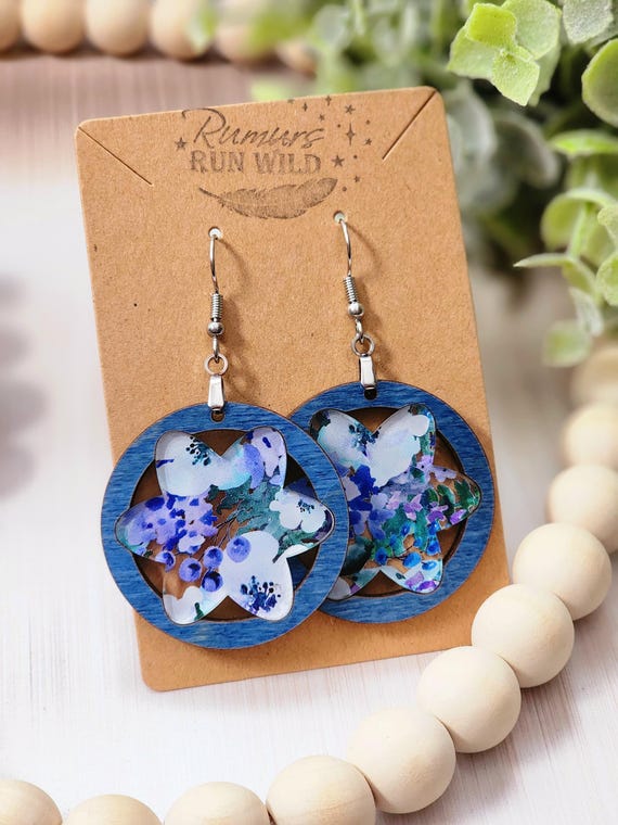 Boho Floral Wood Earrings, Blue and Purple Wood Dangle Earrings, Lightweight Hypoallergenic Gift, Handmade Flower Inlay Jewelry for Mom