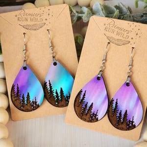 Boho Wood Dangle Earrings: Northern Lights Tree Earrings
