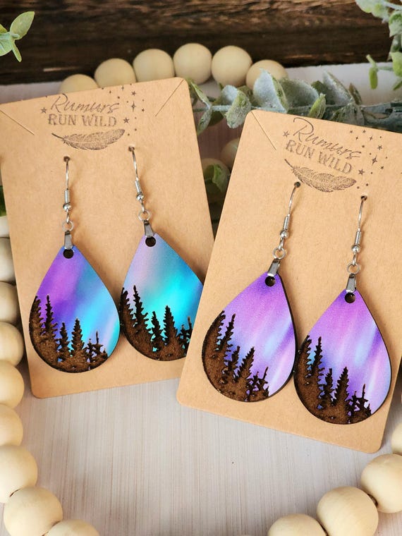 Colorful Nature Boho Earrings for Her, Tree Earrings with Northern Lights Sky in Blues and Purples, Wood Dangle Boho Earring Gift for Sister