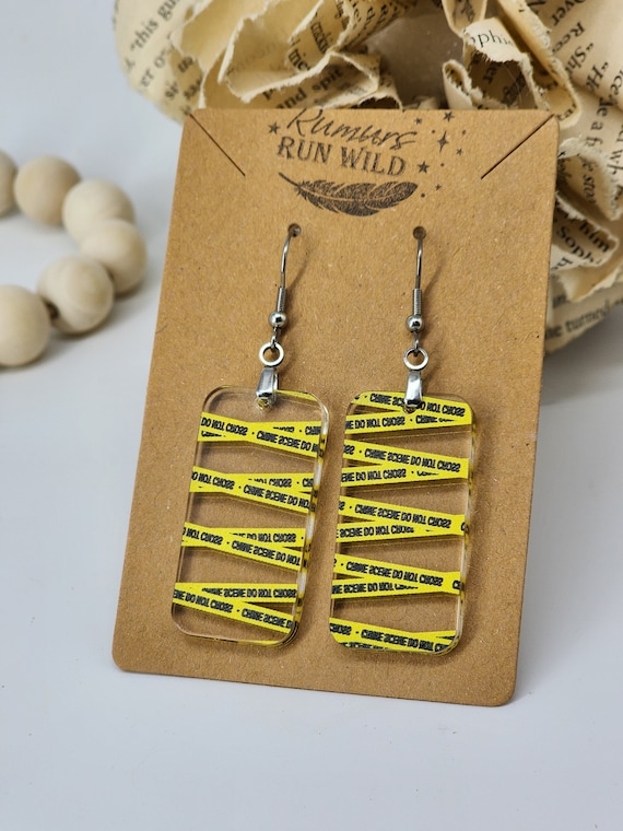 Halloween Caution Tape Earrings, Crime Scene Earrings, Halloween Jewlery, Dangle Rectangle Earrings, Spooky, Halloween Wear, Creepy Earrings
